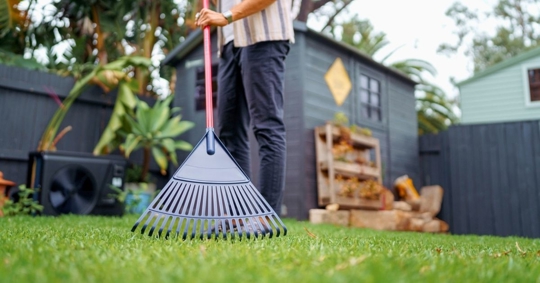 person raking leaves and removing yard debris